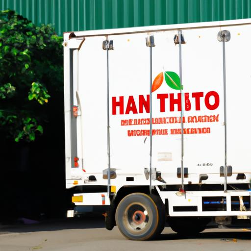 Xe tải giao hàng có logo của Anh Thắng Nho Quan đậu trước một kho hàng.