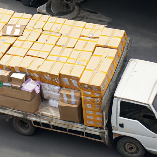 Xe tải giao hàng của nhà xe Sơn Tùng Đà Nẵng đang chở rất nhiều kiện hàng và hộp.