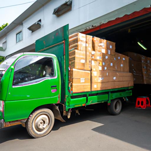 Xe tải vận chuyển của nhà xe Cúc Phương Hàng Xanh đỗ trước kho hàng đầy đủ các gói hàng và thùng.