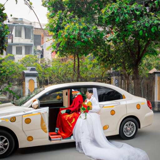 Cô dâu chú rể xuất hiện từ chiếc xe cưới sang trọng được trang hoàng bằng hoa của công ty vận tải Hải Âu Hà Nội